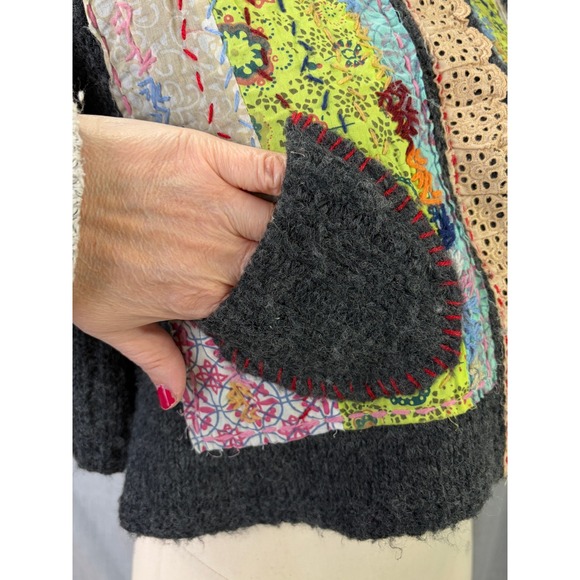 Free People Wool Blend Patchwork Jacket Art Knit Funnel Neck Boho Festival XS - Picture 6 of 12